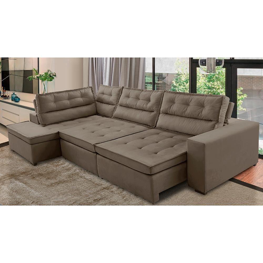 Sofá de Canto Retrátil e Reclinável com Molas LE 3,40x2,00m Viviane Suede Marrom Madelina Decor