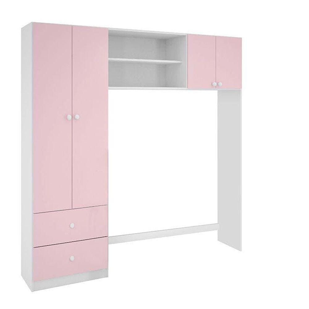 Guarda Roupa Infantil Ternura 4 Portas e 2 Gaveta para Quarto de Bebê Cor Branco com Rosa - Peternella Móveis