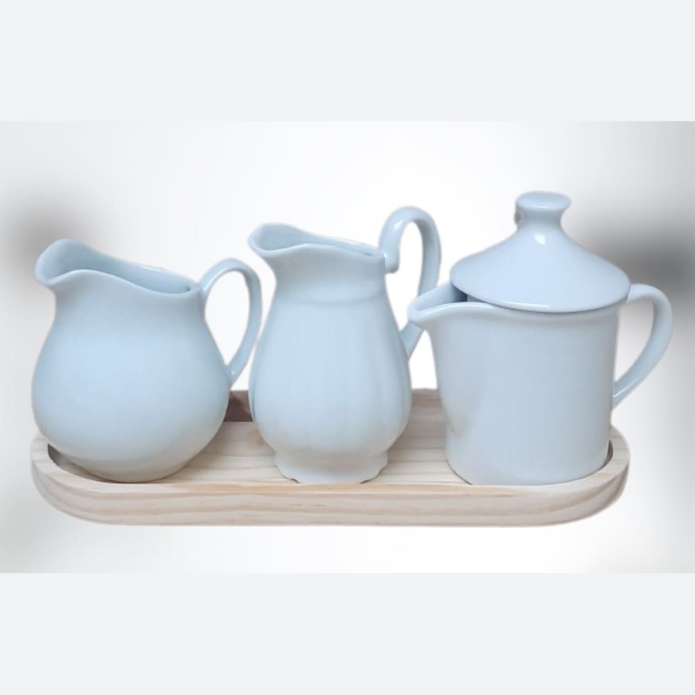Jogo Mesa Posta, Jarras e Bule - Bule 300ml + Jarra clássica 300ml + Jarra Tradicional 350ml - Kit Porcelana Branca