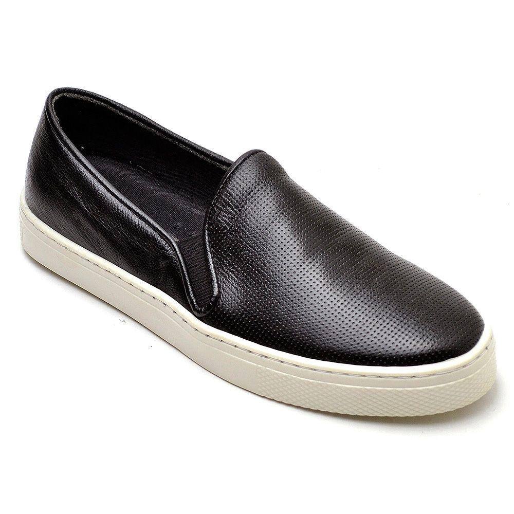Tênis Slip On Casual Em Couro Sola Macia Krn Shoes Costura Aparente