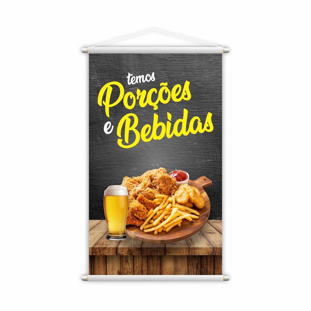 Banner Temos Porções e Bebidas Lanches Restaurante 80x50cm