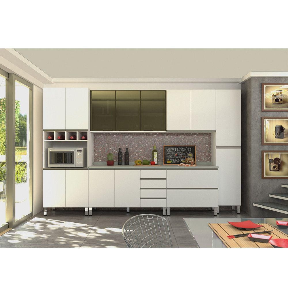 Cozinha Modulada Compacta 6 Peças com Tampo Branco Vidro Reflecta Pérola Luciane Móveis