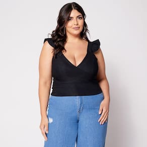 Blusa Cropped de Alça Plus Cruzado com Bojo e Babado na Manga