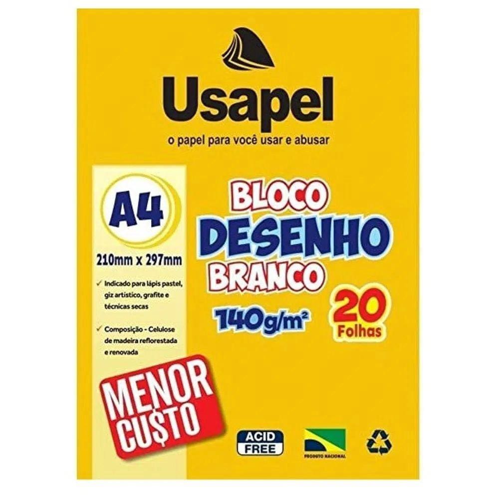 Bloco Desenho Escolar A4 Branco 140gm 20 Folhas Usapel