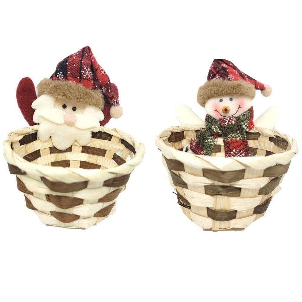 Kit Cesto Natalino Palha de Bambu Decorado Papai Noel e Boneco de Neve Pelúcia 15cm - Master Christmas