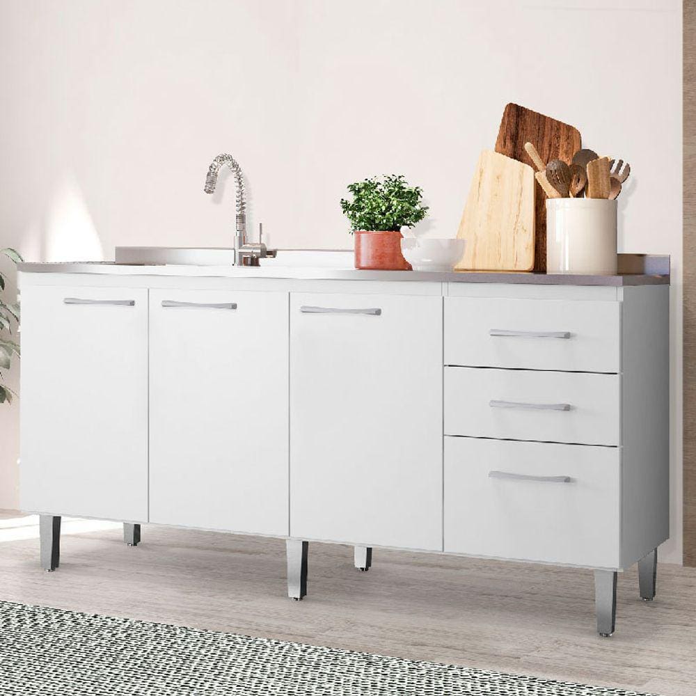 Balcão de Cozinha 160cm Maisa 3 Portas 3 Gavetas sem Tampo Branco