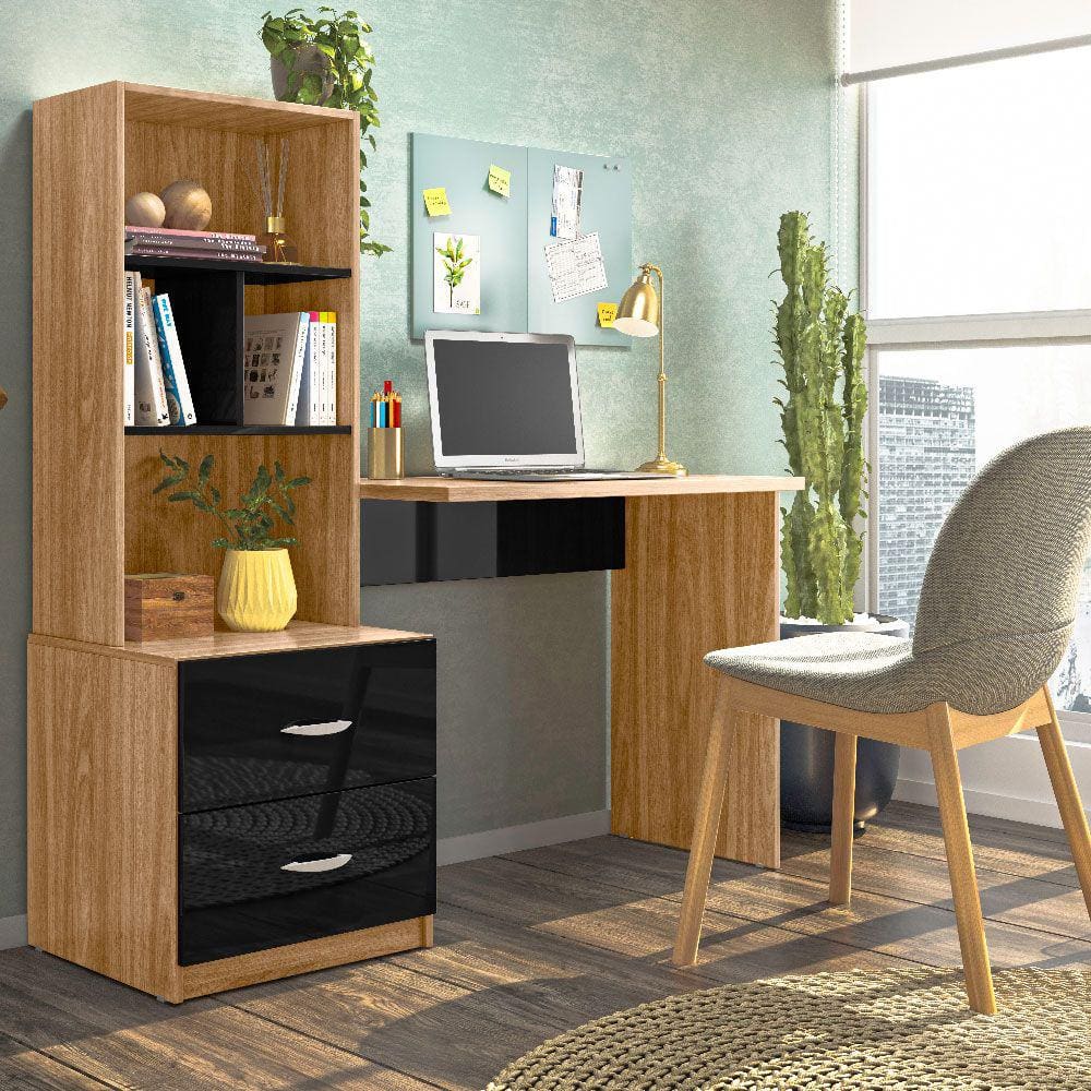 Escrivaninha para Quarto Cristal 2 Gavetas e 3 Nichos Cor Nature e Preto - Peternella
