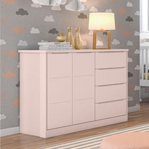 Cômoda Infantil Diamante 2 Portas e 4 Gavetas com Cabideiro 100% MDF Cor Rosé - Phoenix Baby