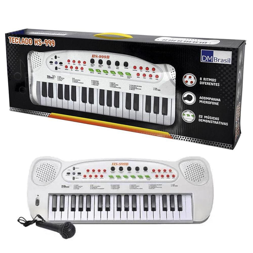 Teclado Musical e Microfone Brinquedo Infantil Branco DmToys