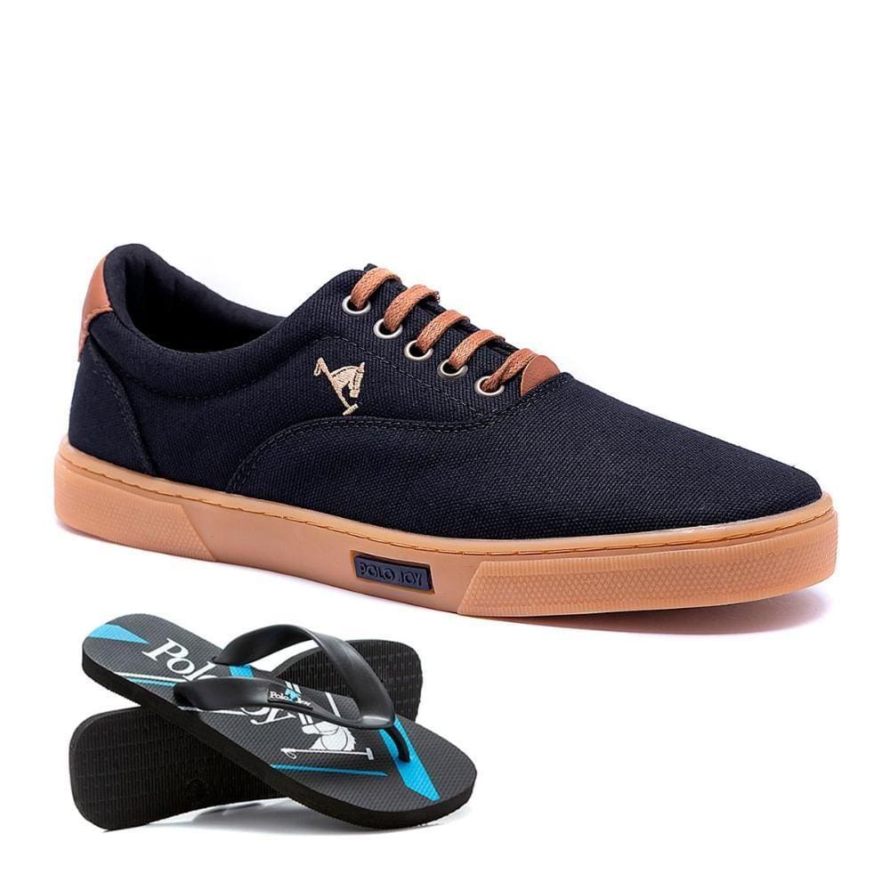 Tênis Masculino Casual Em Lona Polo Joy Reto + Chinelo