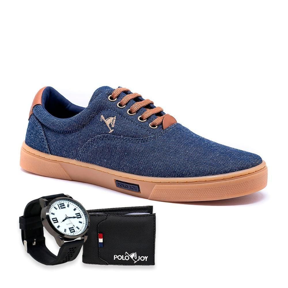 Tênis Masculino Casual Em Lona Polo Joy Solado Reto + Relógio + Carteira