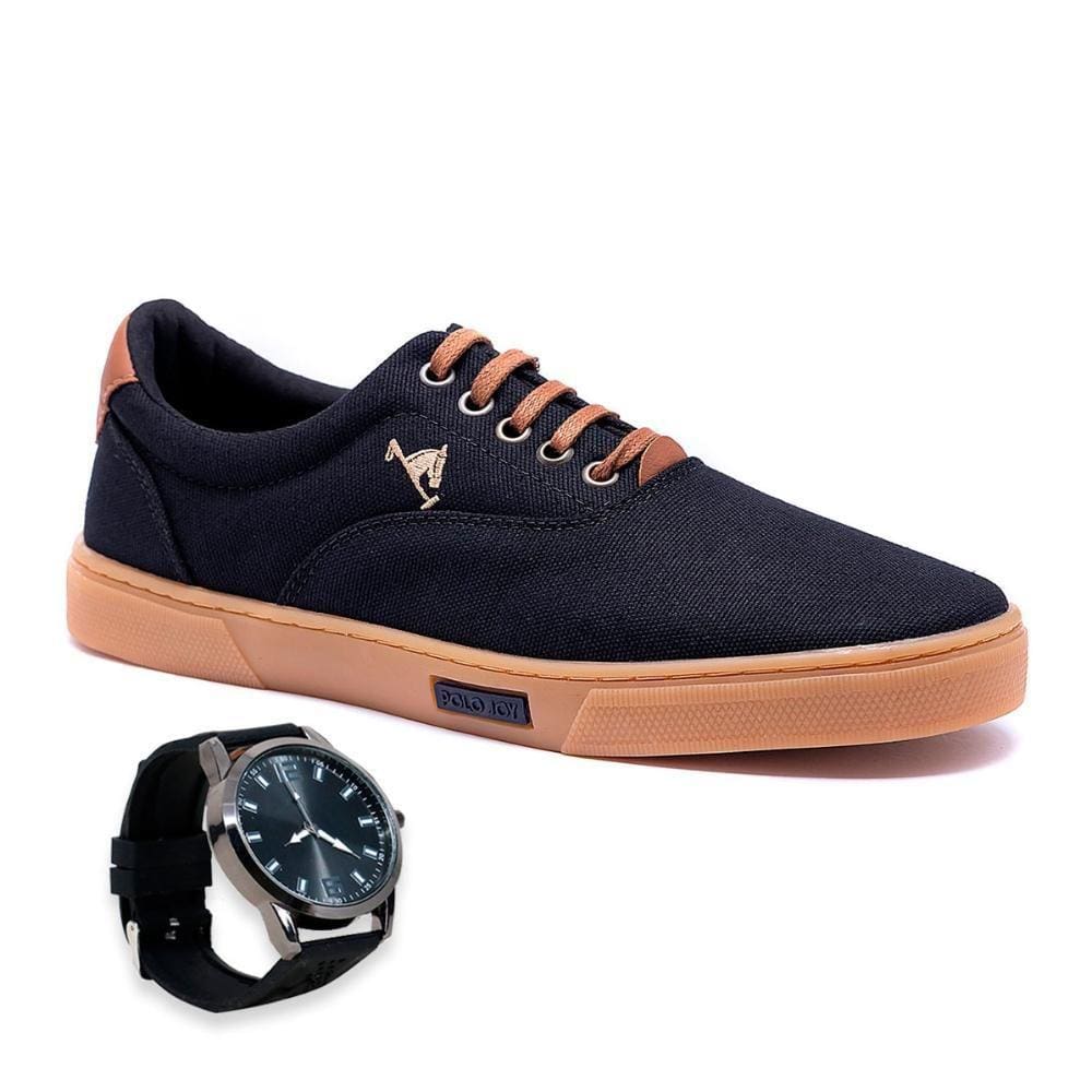 Tênis Masculino Casual Em Lona Polo Joy Solado Reto + Relógio