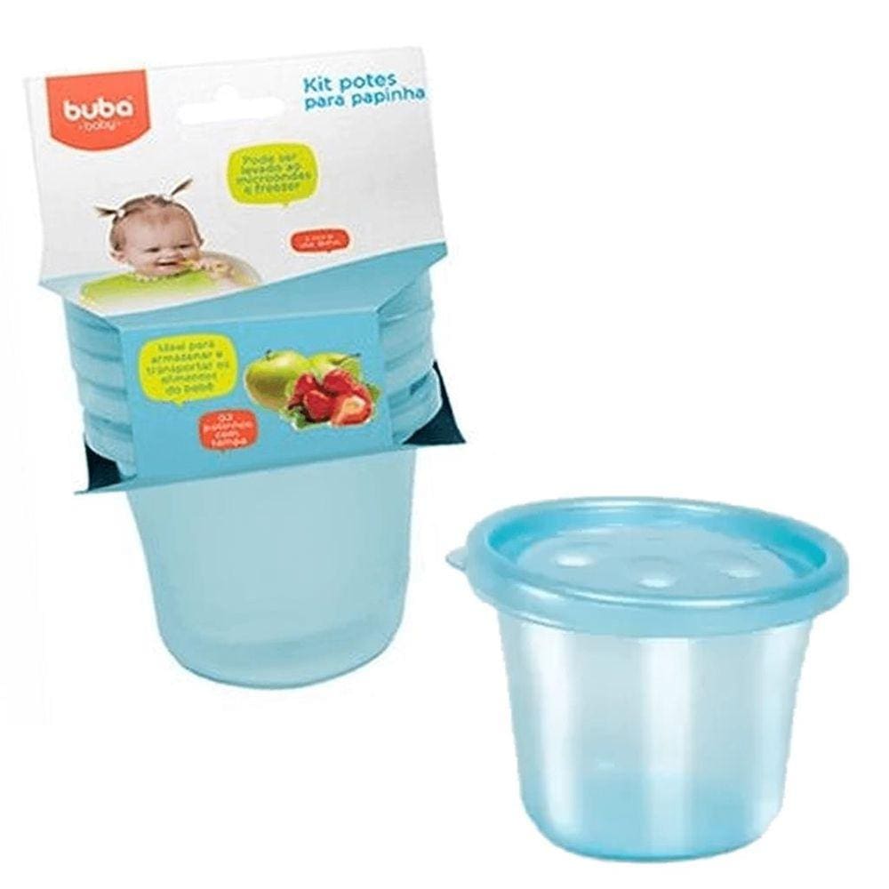 Kit Com 3 Potes Para Papinha Para Bebê Azul Buba Baby