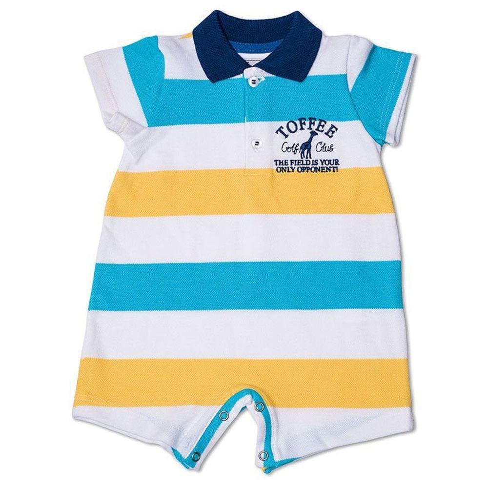 Macacão Infantil Gola Polo Listrado Toffee Cor Branca Azul - 9 a 12 meses