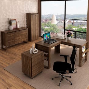 Conjunto Home Office 4 Peças 1 Mesa, 1 Gaveteiro e 2 Armários para Escritório Stanford 3 Marrom - Pnr Móveis