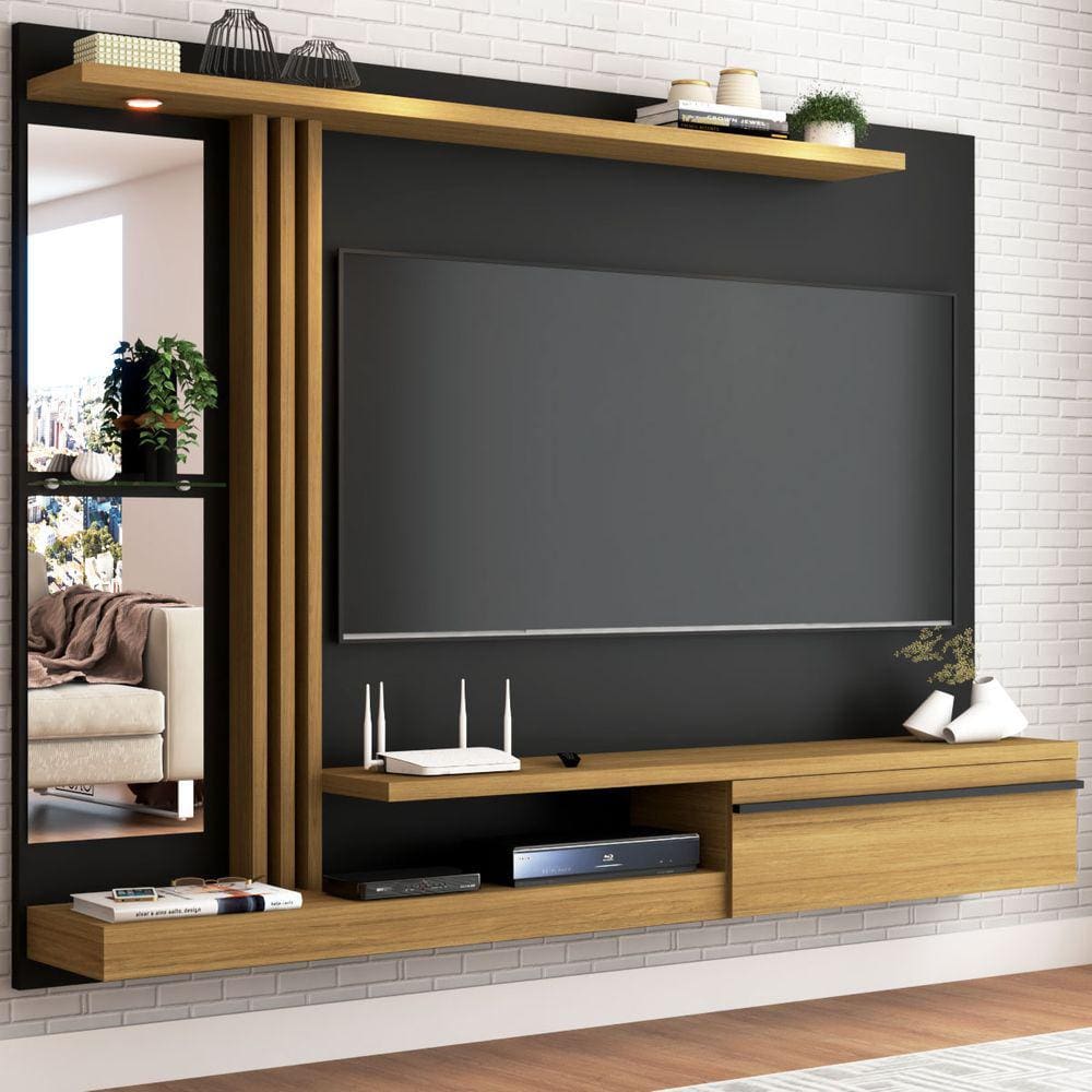 Painel para TV Até 55 Polegadas com Led Tulum 1 Porta Preto Fosco/Cinamomo - Panorama Móveis