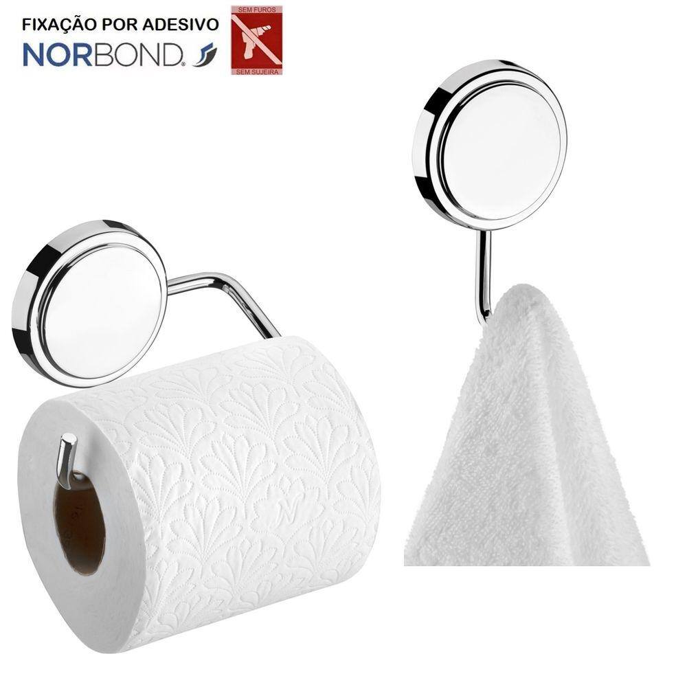 Kit Suporte Papel Higiênico Gancho Multiuso Porta Toalha Adesivo Dupla Face Banheiro Cromado - Future