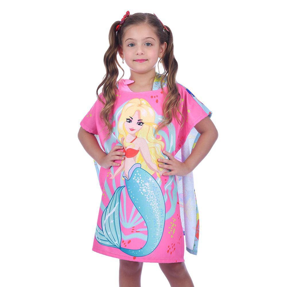 Toalha Poncho Infantil com Capuz Sereia Azul Everly