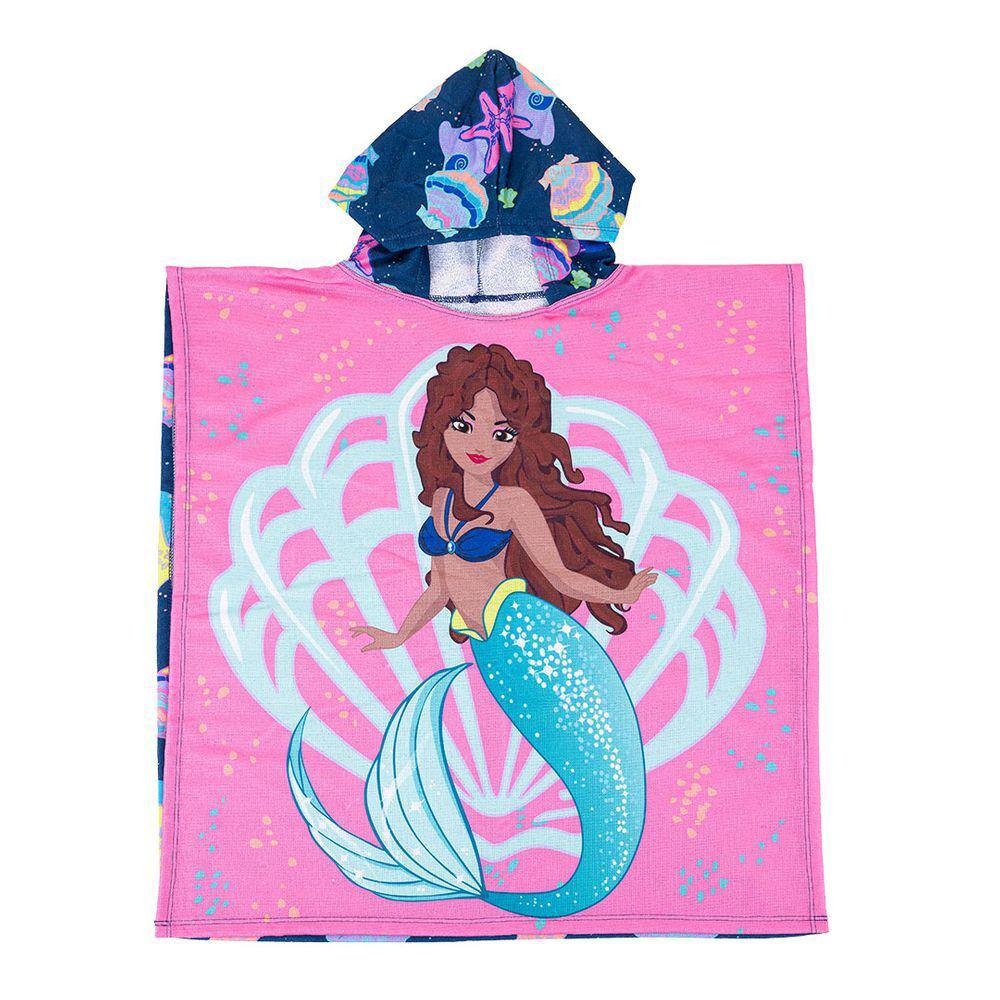 Toalha Poncho Infantil com Capuz Sereia Marinho Everly