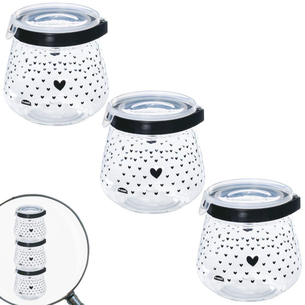 Pote hermético Flip decorado 1,1 litros preto com 3 unidades Plasutil ref.13564