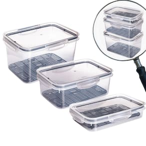 Kit potes herméticos Trava Mais com escorredor 1,1 litros, 2,6 litros e 4 litros preto Plasutil