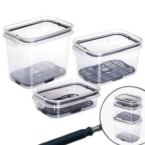 Kit potes herméticos Trava Mais com escorredor 1,2 litros, 1,8 litros e 500ml preto Plasutil