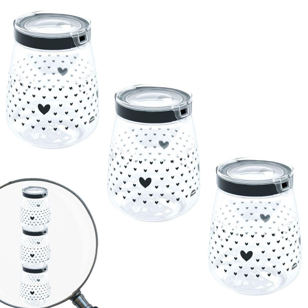 Pote hermético Flip decorado 1,9 litros preto com 3 unidades Plasutil ref.13565