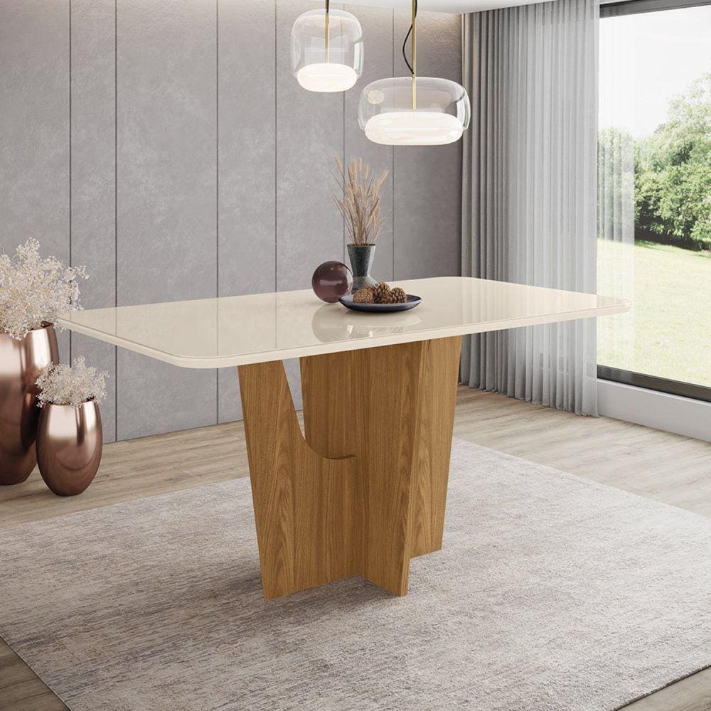 Mesa de Jantar 160x90cm Tampo Vidro/MDF Canto Arredondado Vértice Marrom/Off White