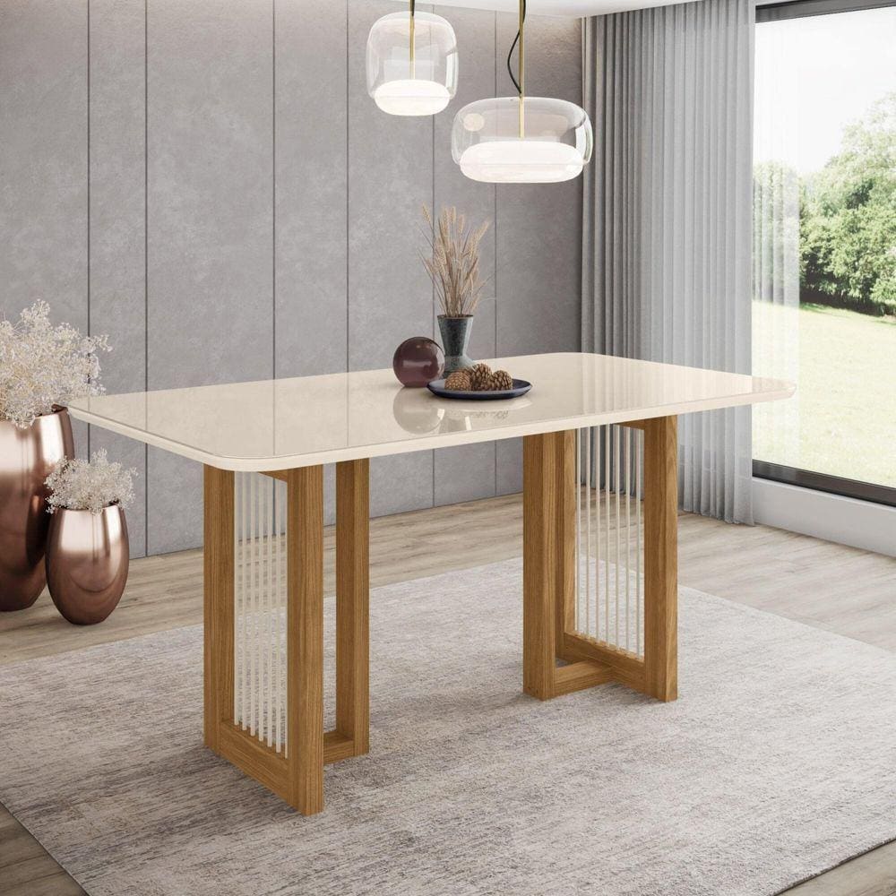 Mesa de Jantar 160x90cm Tampo Vidro/MDF Canto Arredondado Yara Marrom/Off White
