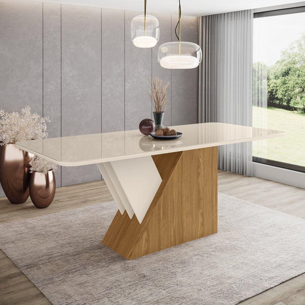 Mesa de Jantar 200x90cm Tampo Vidro/MDF Canto Arredondado Epic Marrom/Off White