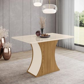 Mesa de Jantar 120x80cm Tampo Vidro/MDF Canto Reto Luiza Marrom/Off White
