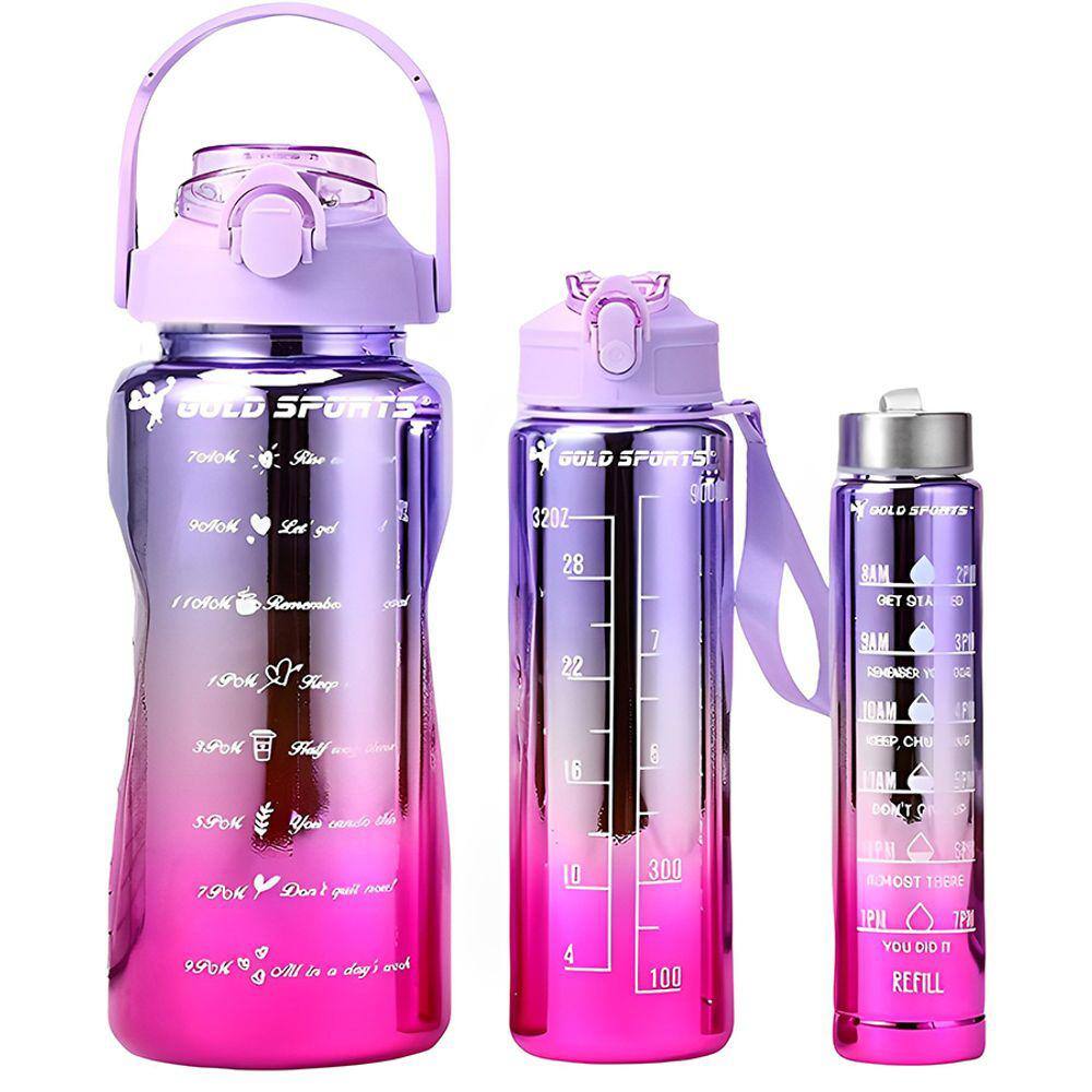 Kit 3 Garrafas Squeeze Plástica Gold Sports Degrade Adesivos BPA-FREE 2 Lts, 800ml e 280ml