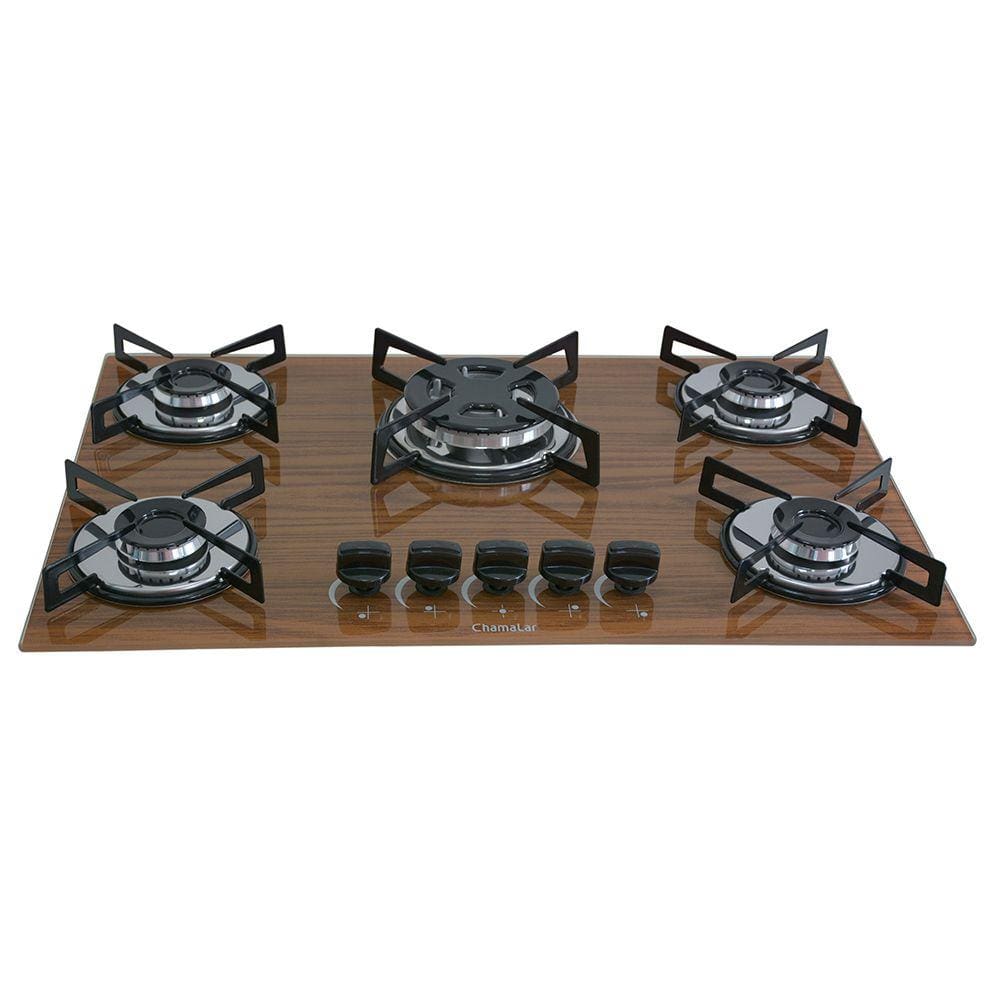 Fogão Cooktop Premium 5 Bocas Tripla Chama Amadeirado Escuro