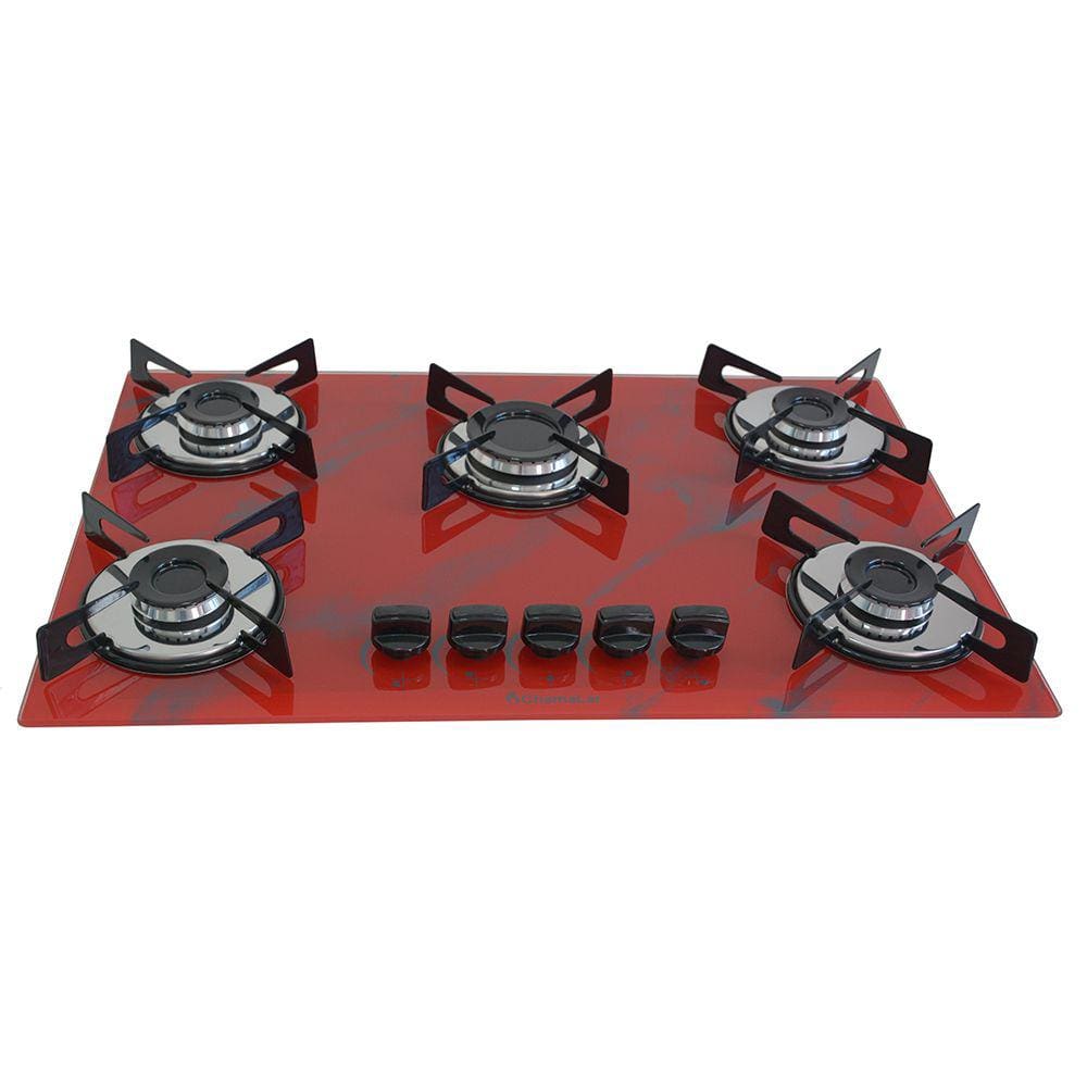 Fogão Cooktop Premium 5 Bocas Ultra Chama Marmorizado Vermelho