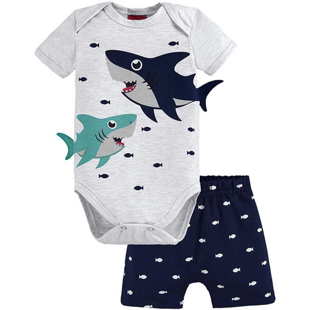 Conjunto Infantil Manga Curta Com Body Tubarão Meia Malha Masculino Kyly Ref:110.840 P/G