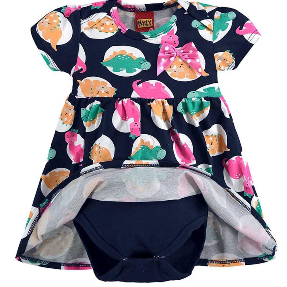 Vestido Infantil Manga Curta Com Body Dinossauros Meia Malha Kyly Ref: 110.826 P/G