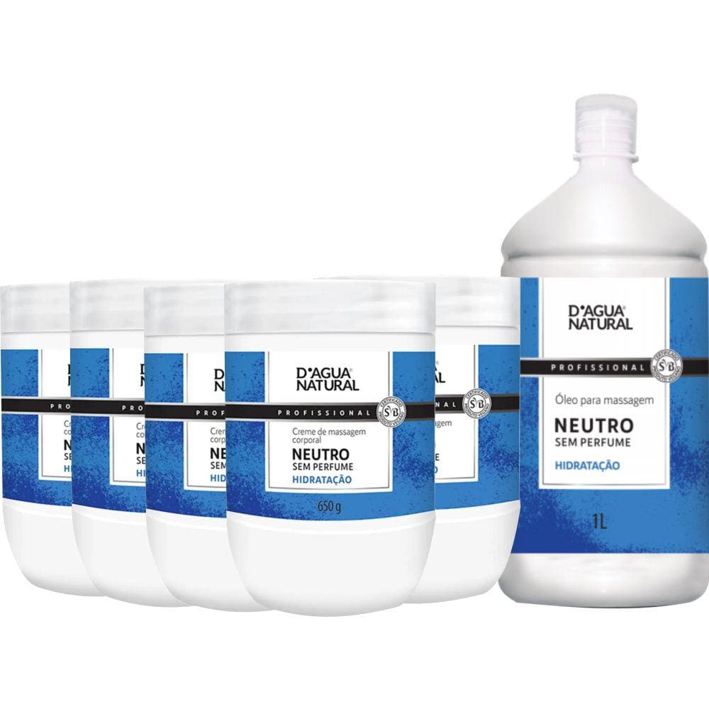 Kit Massagem 5 Cremes Neutro + 1 Óleo Neutro D’água Natural