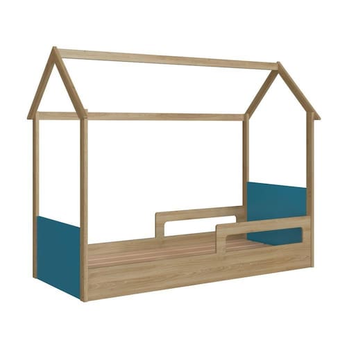imagem-Cama Infantil Montessoriana Casinha Completa Móveis Marrom e Azul