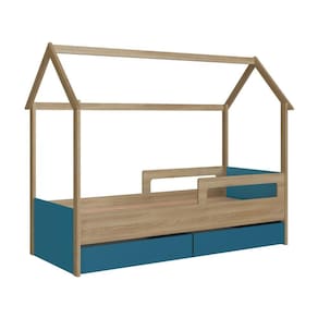 Cama Infantil Montessoriana Casinha Completa Móveis com 2 Gavetas Marrom e Azul