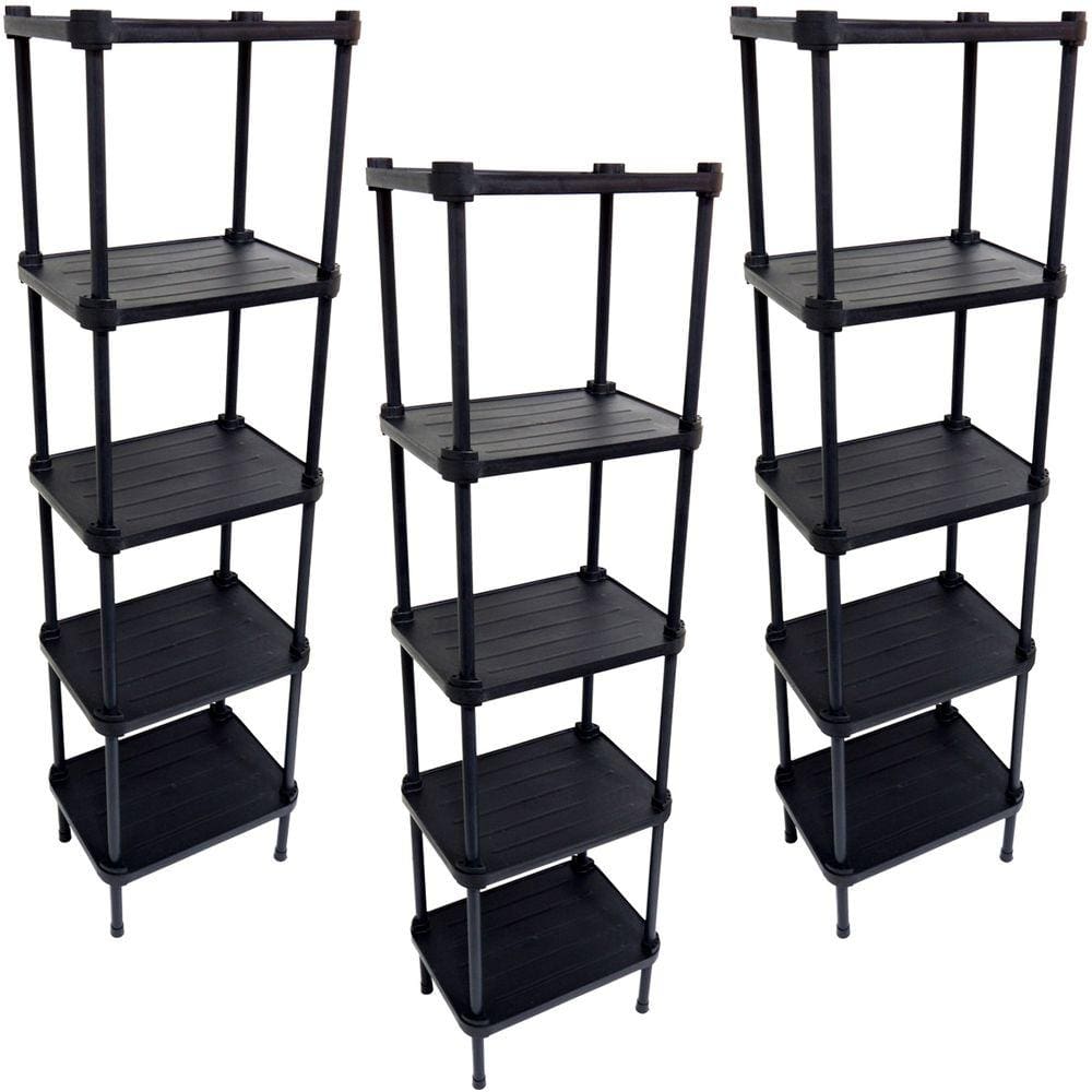 3 Estantes de Plástico Modular Multiuso 5 Prateleiras 1 Torre Preta Montável 65 Kg Qualyplas
