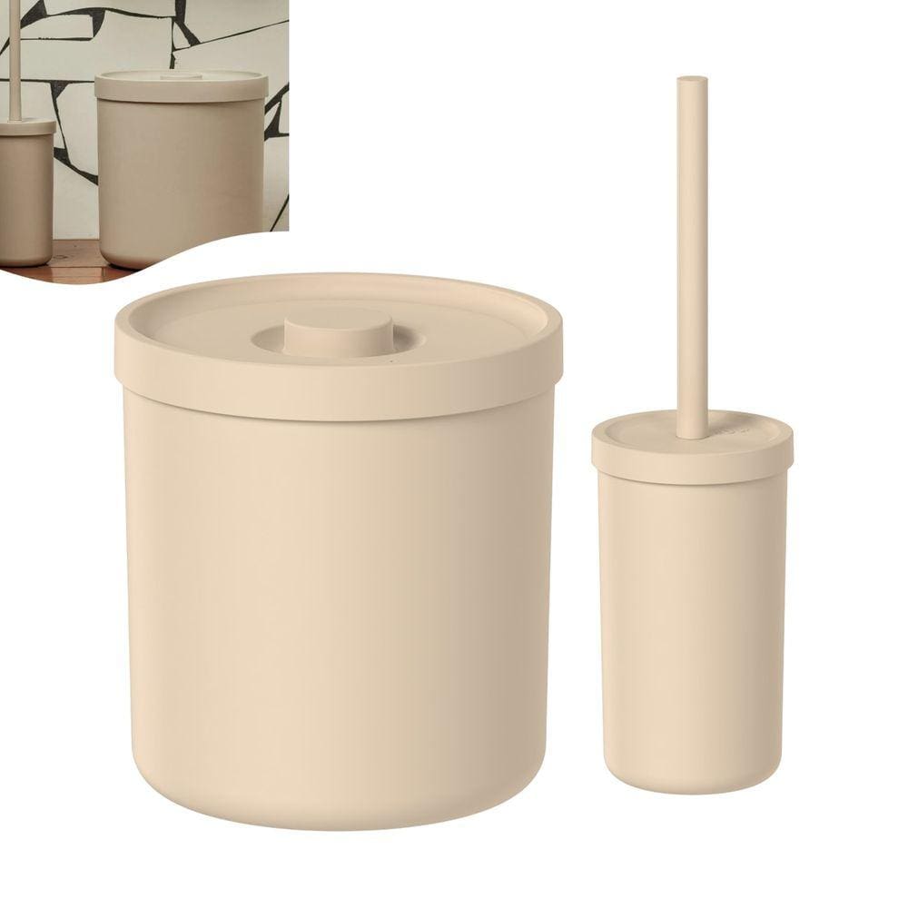 Kit Lixeira 6 Litros e Porta Escova Sanitária Banheiro Bold Bege KTE 132 Ou