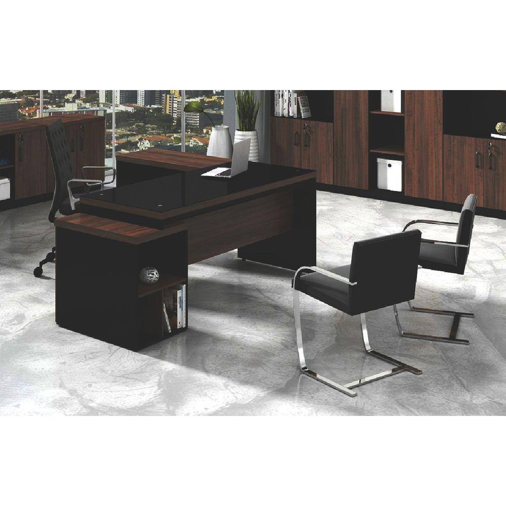Mesa Executiva Web40 com Vidro Fumê c/ Gaveteiro Pedestal 03 Gavetas 1,92x1,60m - Marsala / Preto