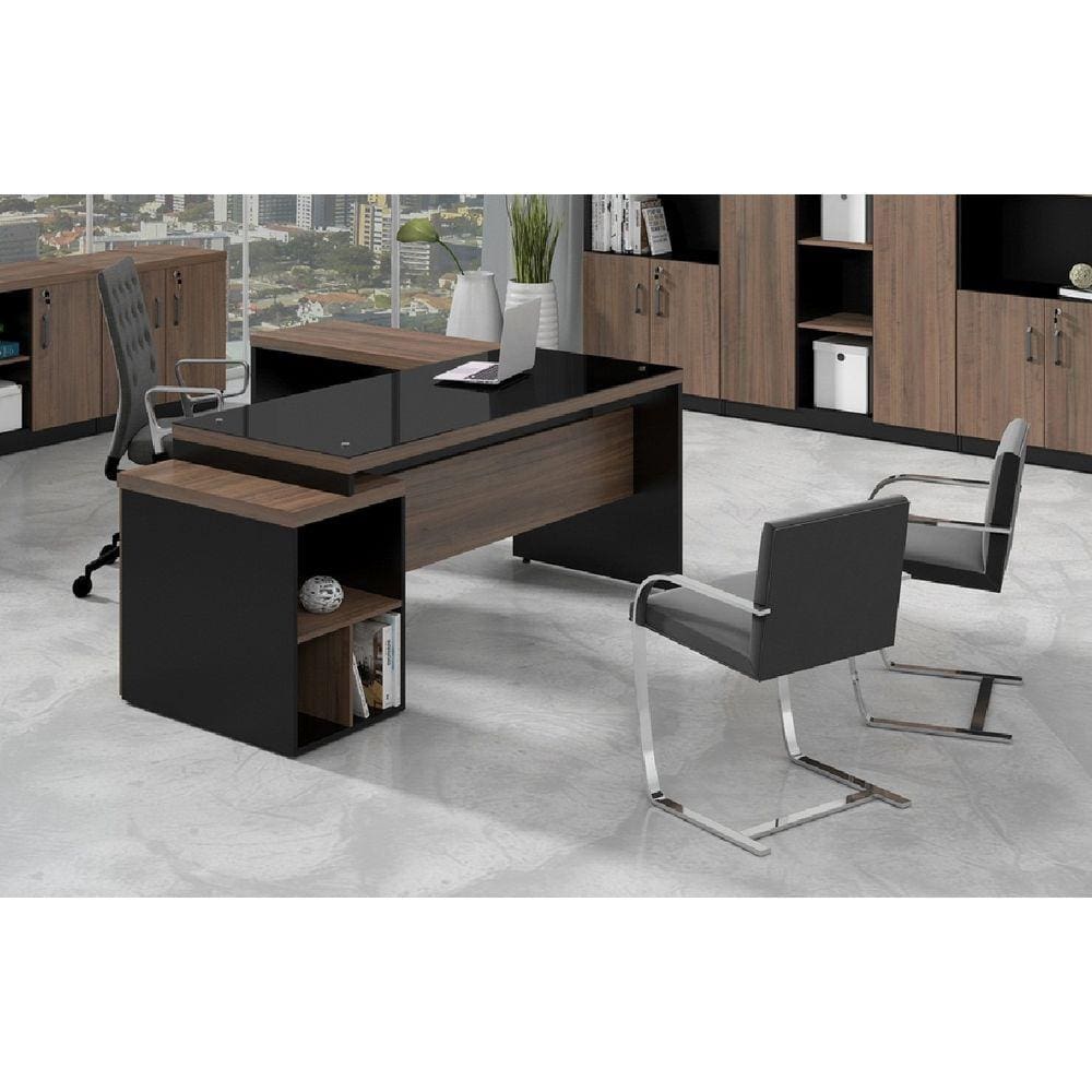 Mesa Diretor Web40 c/ Vidro 1,72m + Gaveteiro Preto / Ameixa