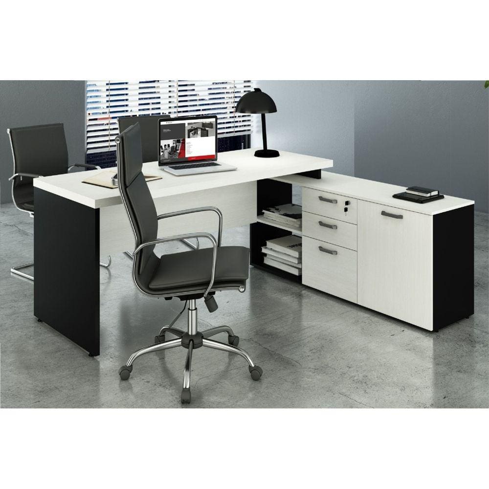 Mesa Consultório em L 1,90m Web40 c/ Armário Branco / Preto