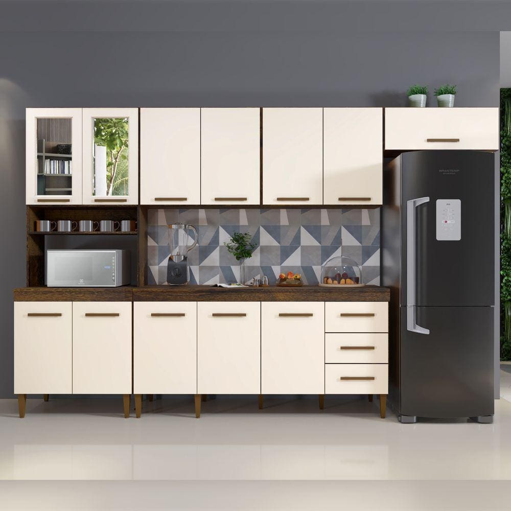 Cozinha Atenas Com Vidro Reflecta 12 Portas 3 Gavetas Ypê/Off White