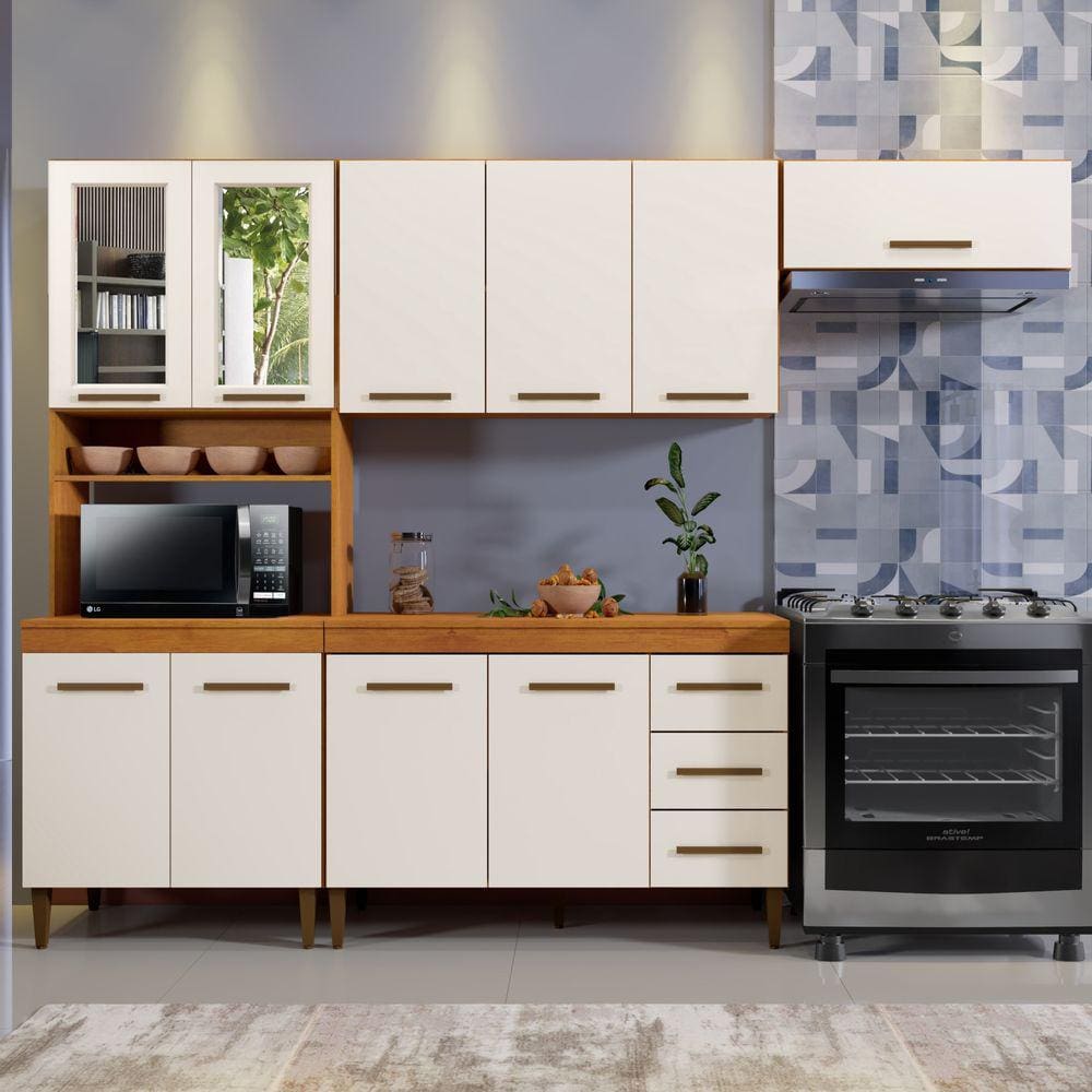 Cozinha Atenas Com Vidro Reflecta 10 Portas 3 Gavetas Nature/Off White