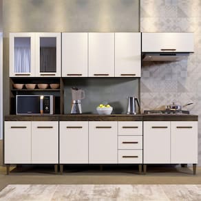 Cozinha Atenas Com Vidro Reflecta 12 Portas 3 Gavetas e Balcão Para Cooktop 04 Bocas Ypê/Off White