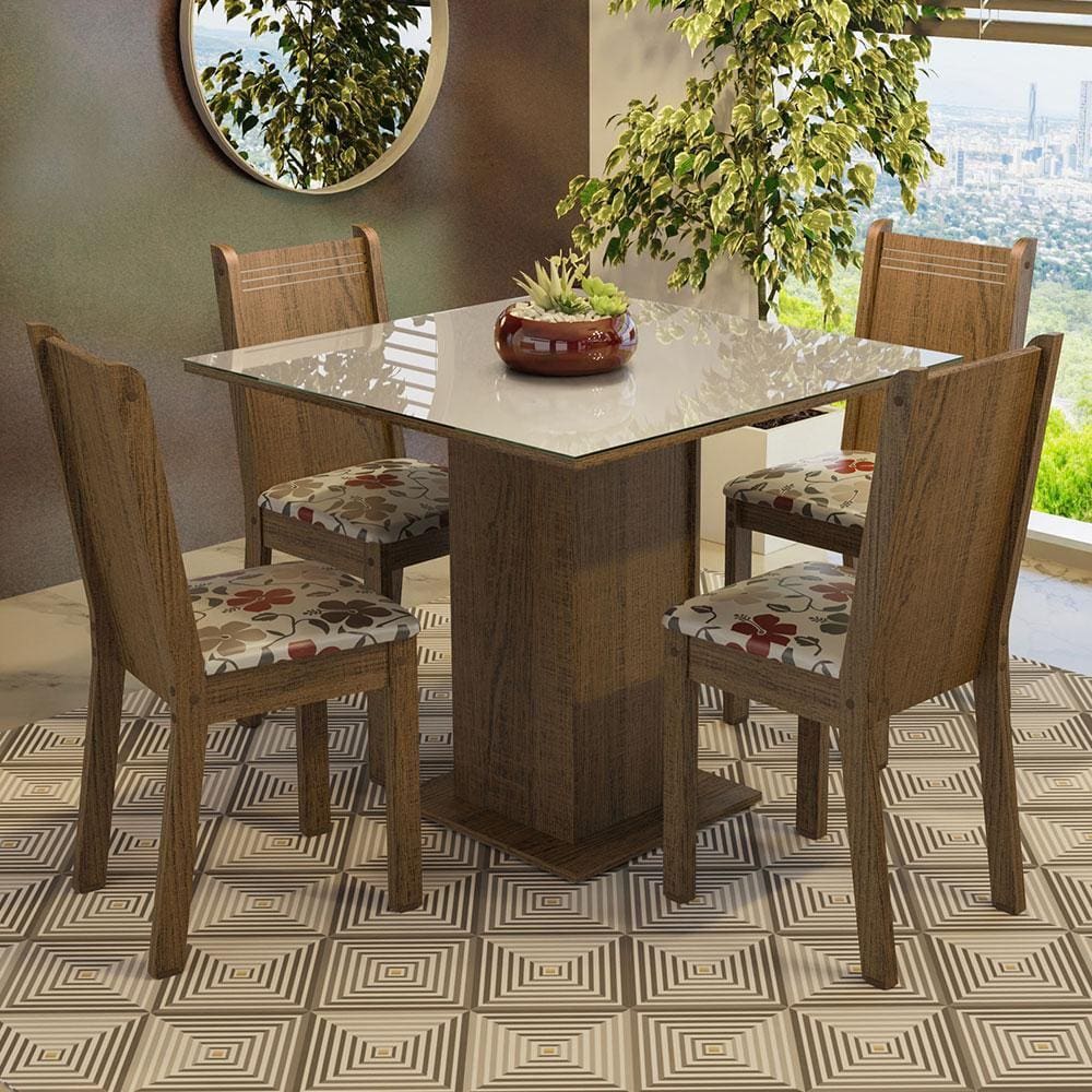 Conjunto com Mesa Tampo de Vidro 4 Cadeiras Pietra Aço Nobre