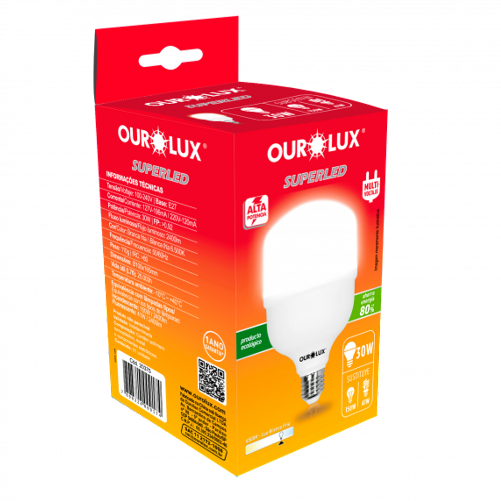 Lâmpada Led Bulbo HP 30W Luz Branca 6.500K Soquete E27 - Ourolux