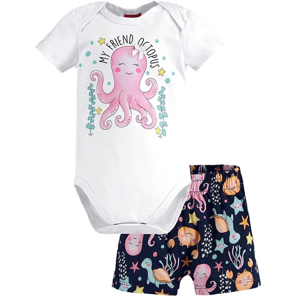 Conjunto Infantil Manga Curta Body E Shorts Fundo Do Mar Feminino Kyly Ref: 110.829 P/G
